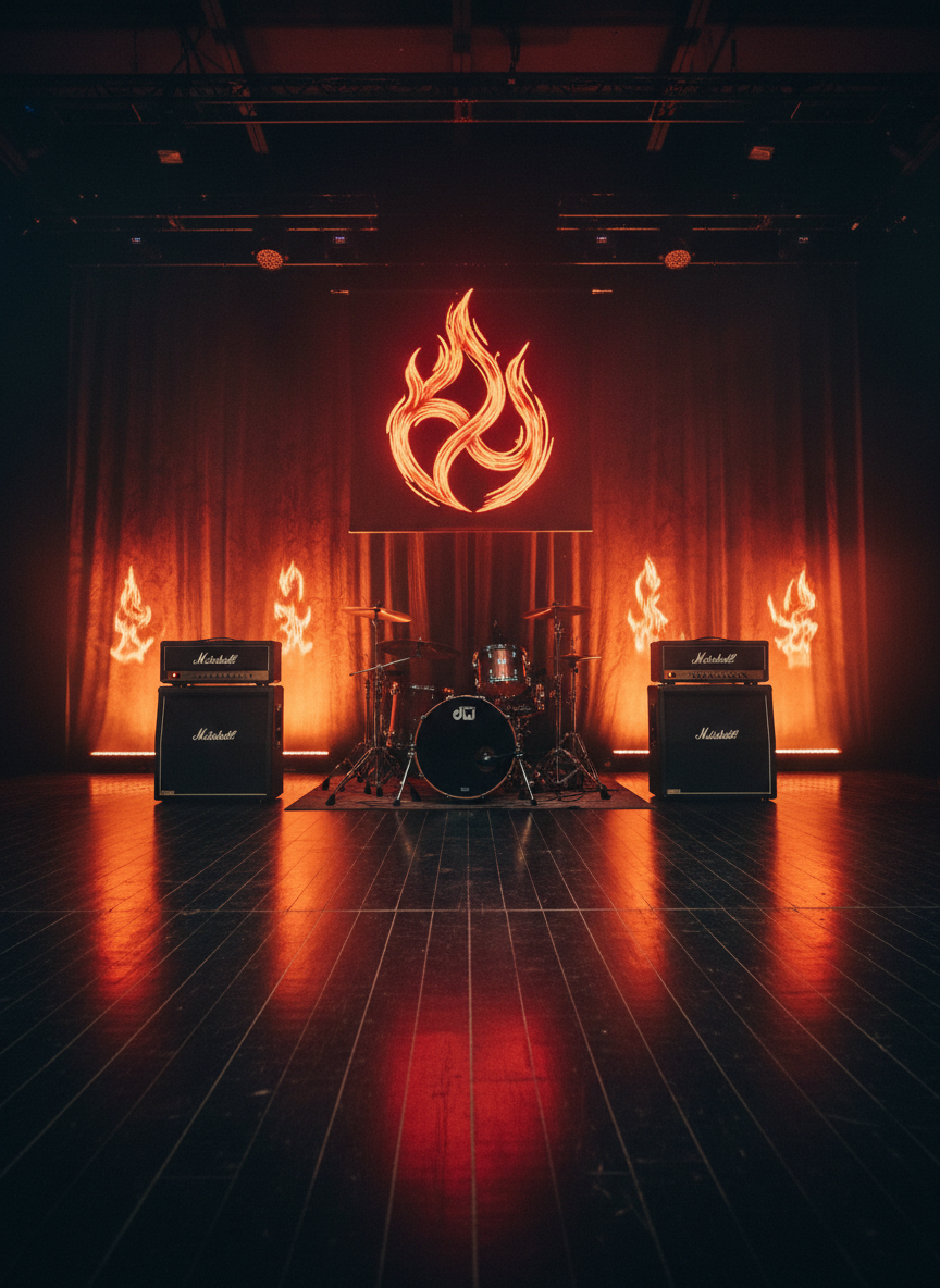 A wide, photographic shot of a minimalist stage set up for a fresh rock band, with no musicians present: twin half-stack amplifiers flanking a central drum kit, flares of orange and crimson LED floor lights grazing a dark backdrop. A prominent custom band logo is suggested as a large abstract flame-shaped emblem on a central banner, with no readable text. The stage floor in brushed black wood reflects subtle highlights. Captured from eye level, center stage, with crisp focus throughout and a faint haze catching the lighting, the scene feels bold and ready for a first gig in a Brno club, conveying anticipation and high-volume energy.