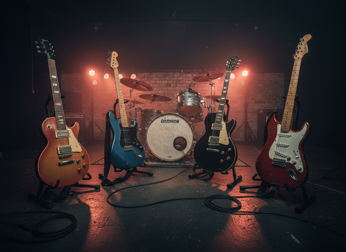 A bold, high-contrast photographic image of a rock band’s rehearsal space with no people present: four well-worn electric guitars and a bass leaning on matte black stands in a tight semicircle, a scarred drum kit centered behind them. Coiled instrument cables snake across a dark concrete floor, faint red and orange stage lights glowing from compact LED fixtures along a low brick wall, hinting at an underground Brno club. Shot from a low, wide-angle perspective as if at crowd level, with shallow depth of field emphasizing the instruments. Slight haze catches the backlighting, adding a gritty, energetic atmosphere that feels like a band newly formed in 2025, ready to explode on stage.