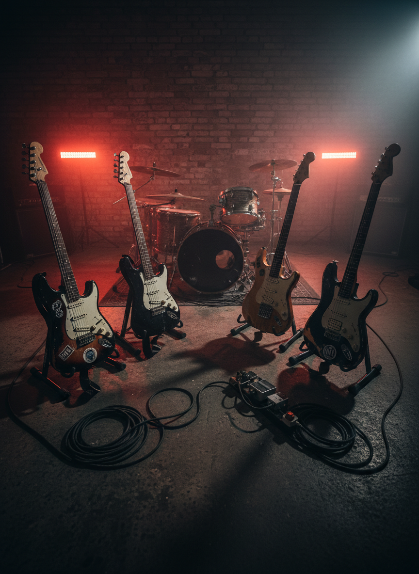 A bold, high-contrast photographic image of a rock band’s rehearsal space with no people present: four well-worn electric guitars and a bass leaning on matte black stands in a tight semicircle, a scarred drum kit centered behind them. Coiled instrument cables snake across a dark concrete floor, faint red and orange stage lights glowing from compact LED fixtures along a low brick wall, hinting at an underground Brno club. Shot from a low, wide-angle perspective as if at crowd level, with shallow depth of field emphasizing the instruments. Slight haze catches the backlighting, adding a gritty, energetic atmosphere that feels like a band newly formed in 2025, ready to explode on stage.
