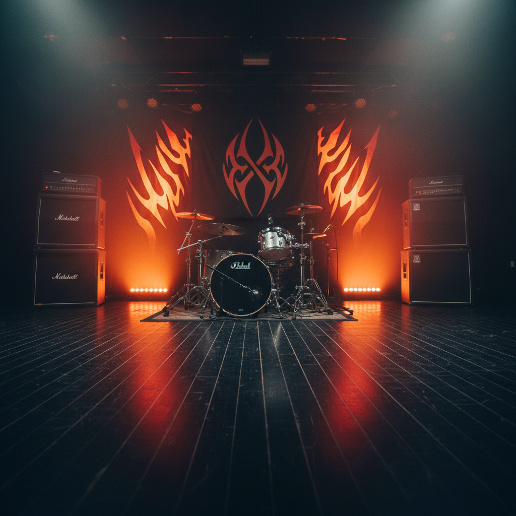 A wide, photographic shot of a minimalist stage set up for a fresh rock band, with no musicians present: twin half-stack amplifiers flanking a central drum kit, flares of orange and crimson LED floor lights grazing a dark backdrop. A prominent custom band logo is suggested as a large abstract flame-shaped emblem on a central banner, with no readable text. The stage floor in brushed black wood reflects subtle highlights. Captured from eye level, center stage, with crisp focus throughout and a faint haze catching the lighting, the scene feels bold and ready for a first gig in a Brno club, conveying anticipation and high-volume energy.